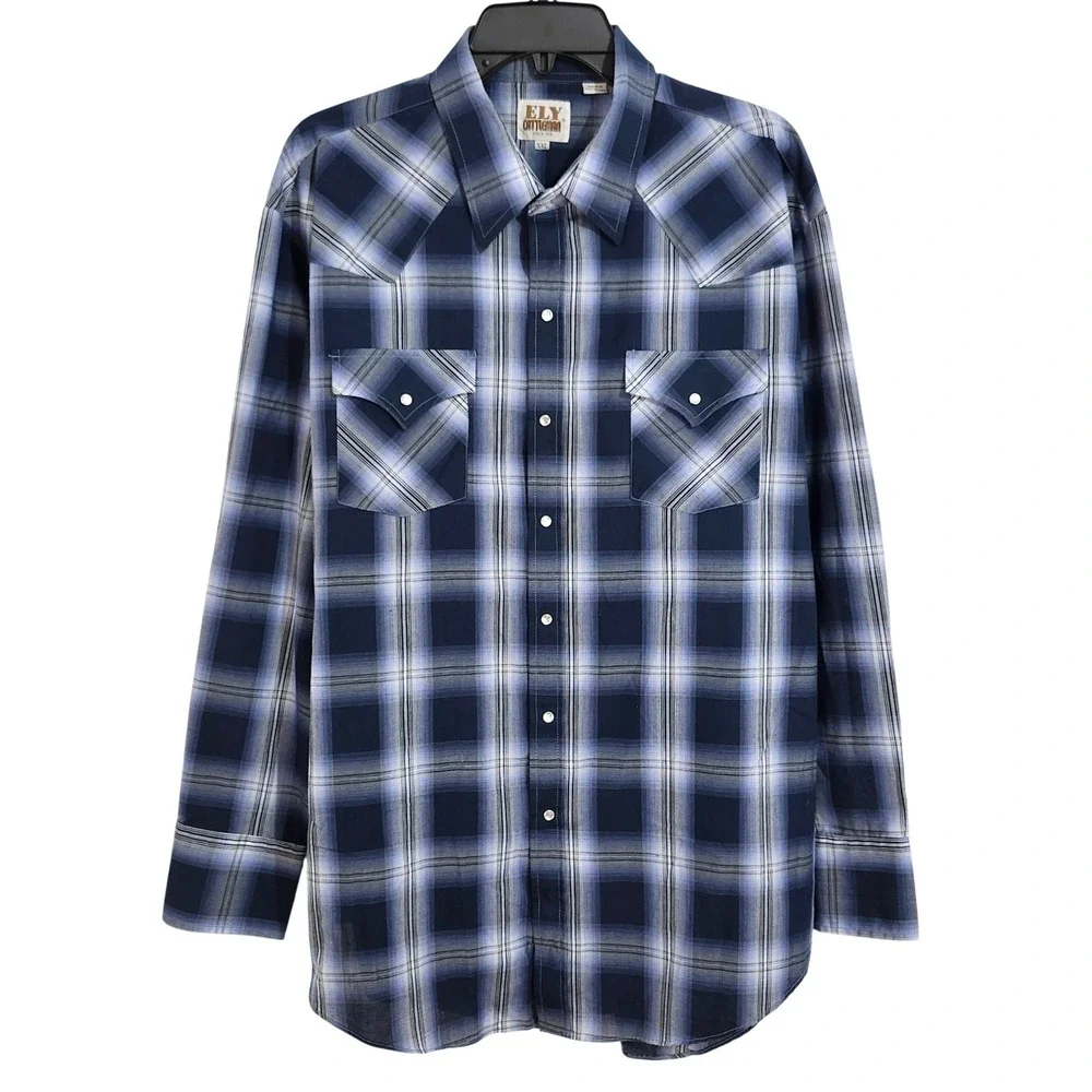 Ely Cattleman Long Sleeve Pearl Snap Shirt Mens XXL Blue Plaid Western Cowboy‎